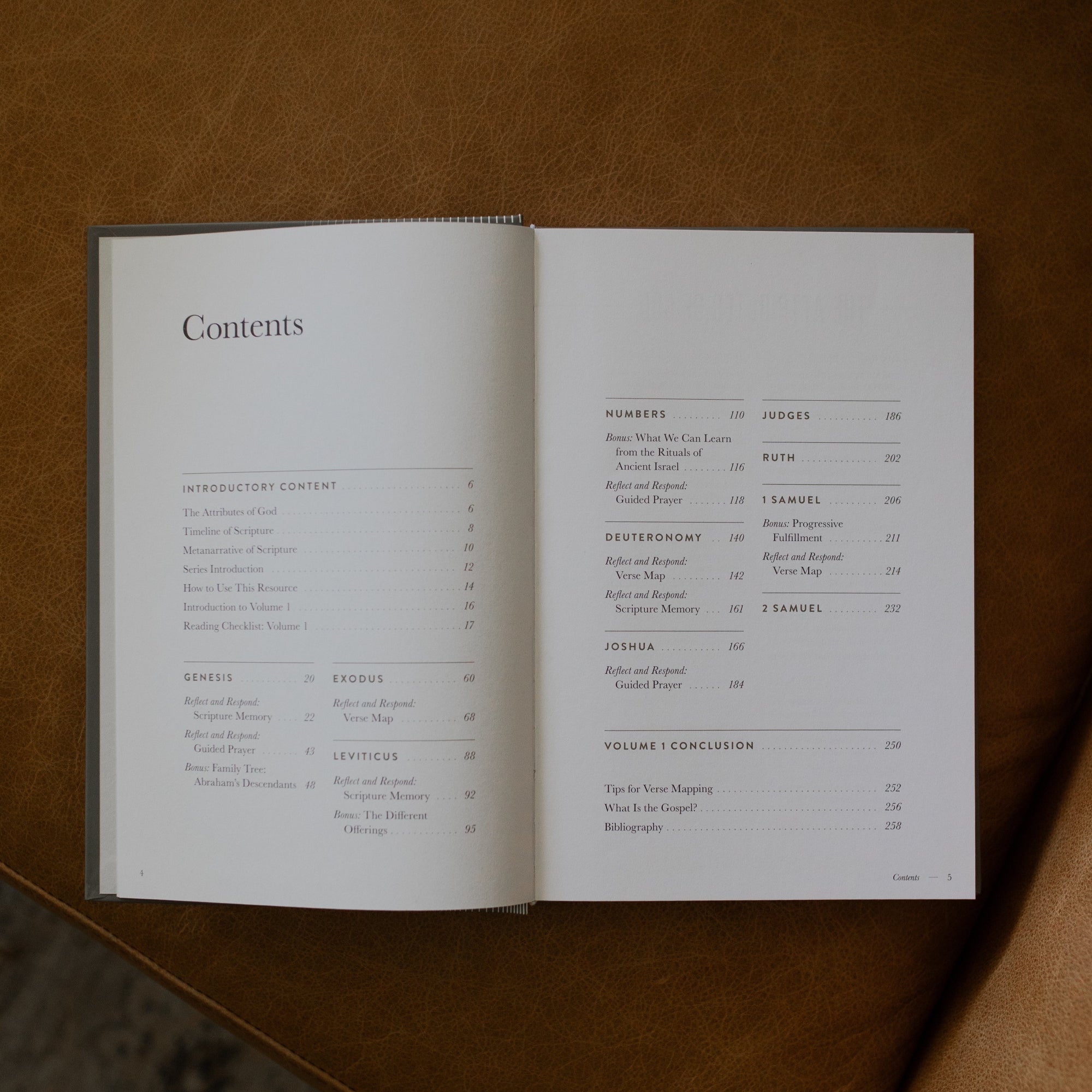 A Year in the Bible Hardcover opened to the table of contents page on a leather couch