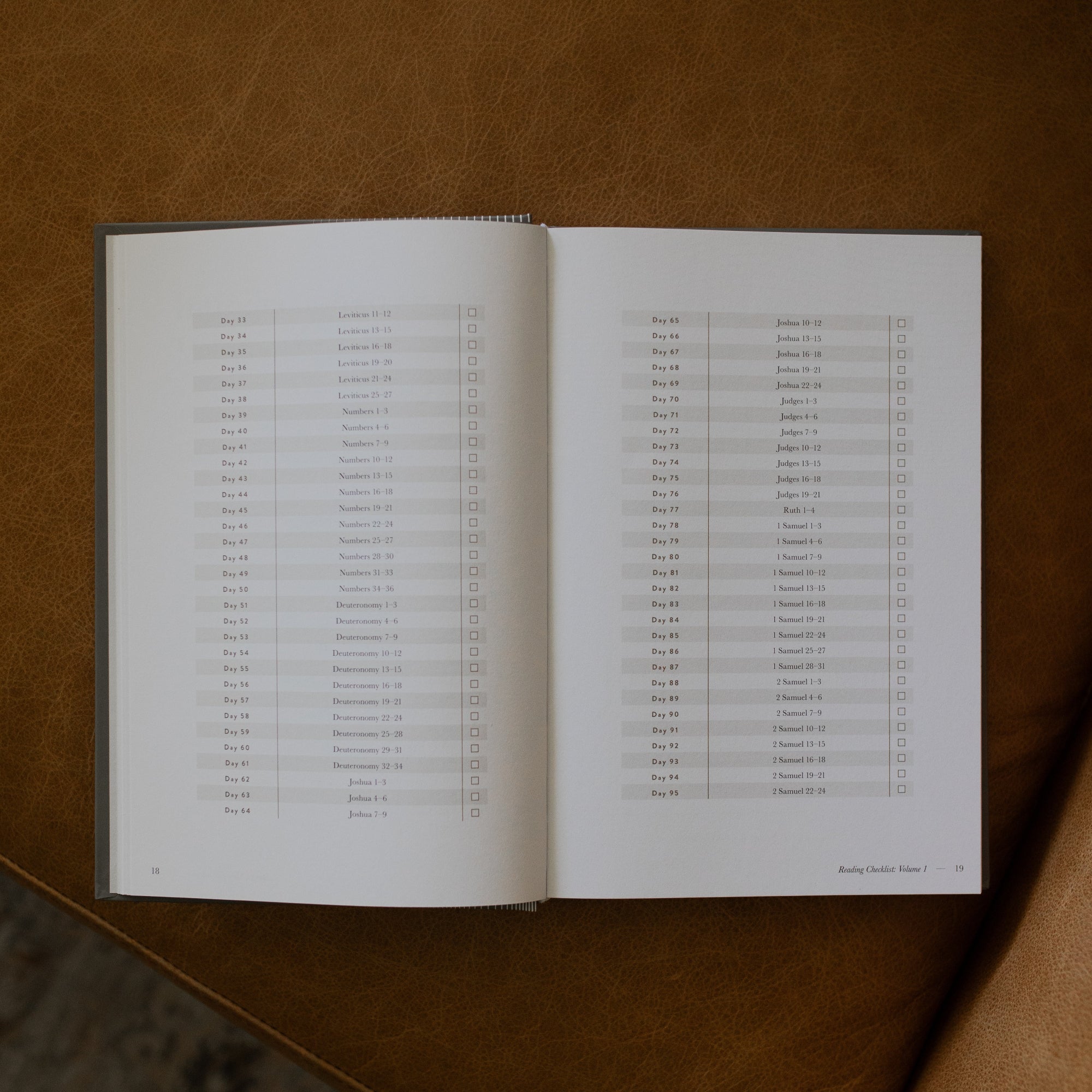 A Year in the Bible Hardcover opened to the day by day page on a leather couch