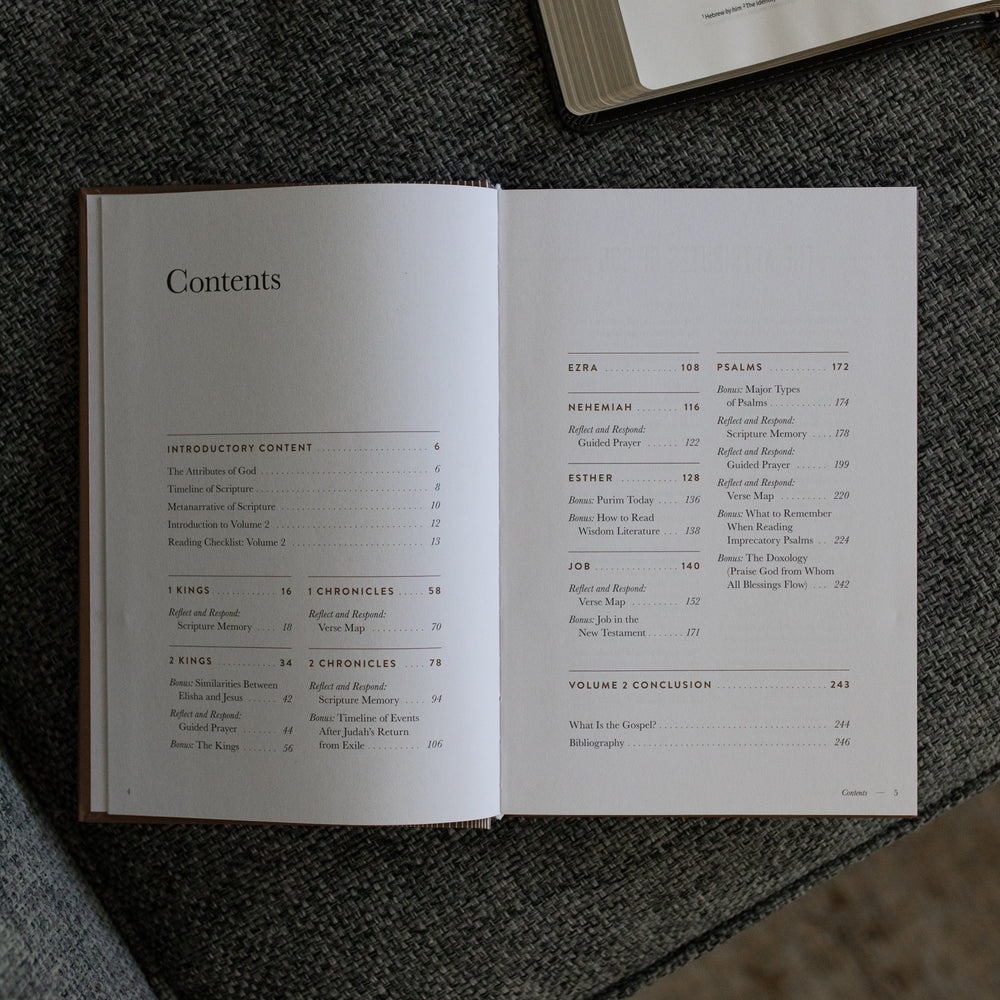 A Year in the Bible Mens Study opened to the table of contents page on a gray couch cushion