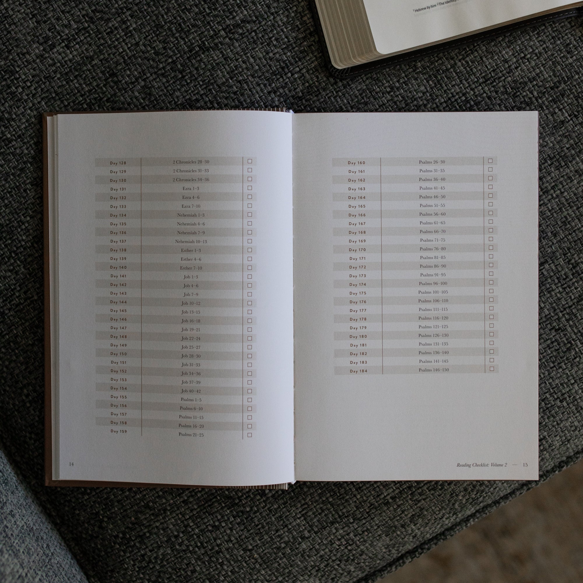 A Year in the Bible Mens Study opened to the Day by day scriptures page on a gray couch cushion