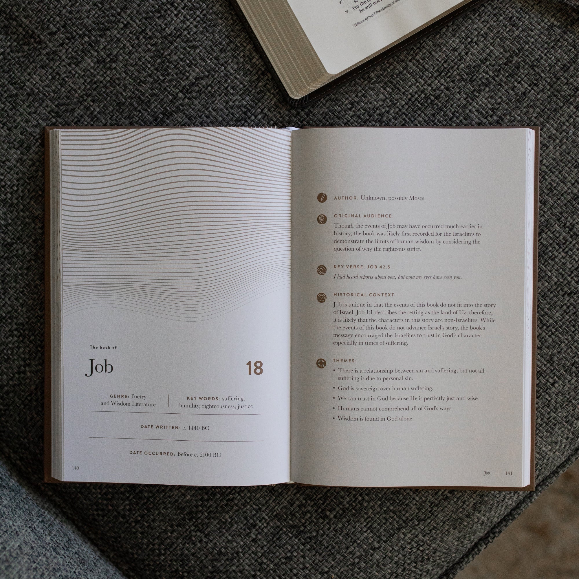 A Year in the Bible Mens Study opened to the Job page on a gray couch cushion