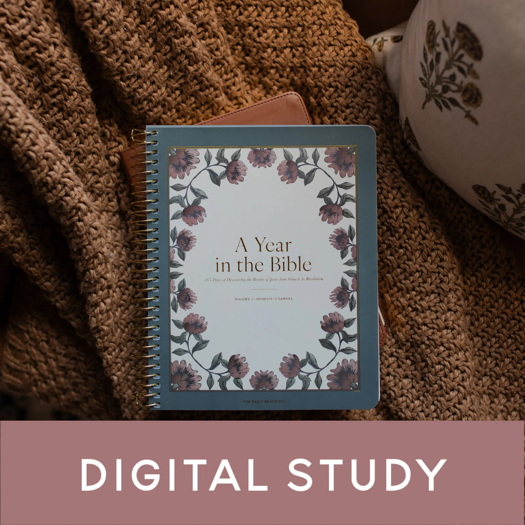 A Year in the Bible spiral cover on a leather bible on a brown knitted blanket with a banner that says Digital Study