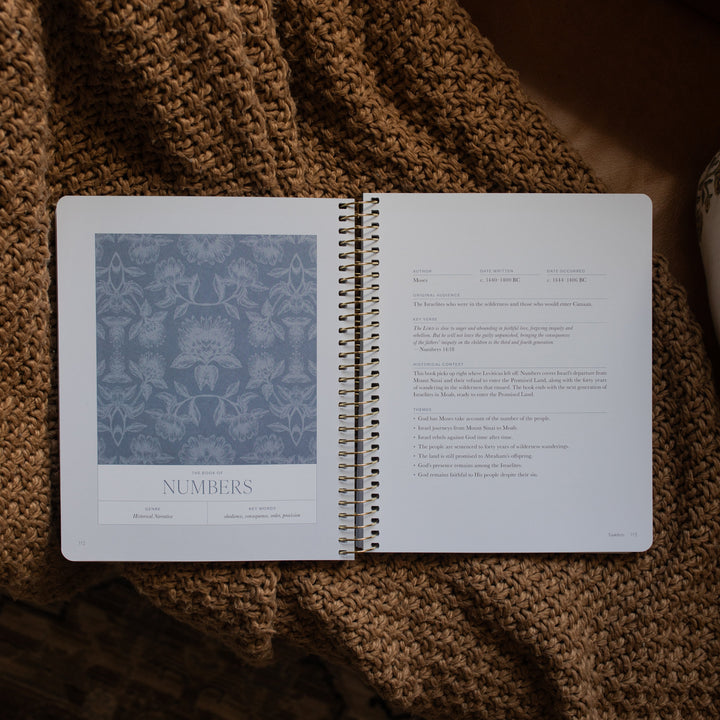 A Year in the Bible spiral opened to the Numbers beginning page on a brown knitted blanket