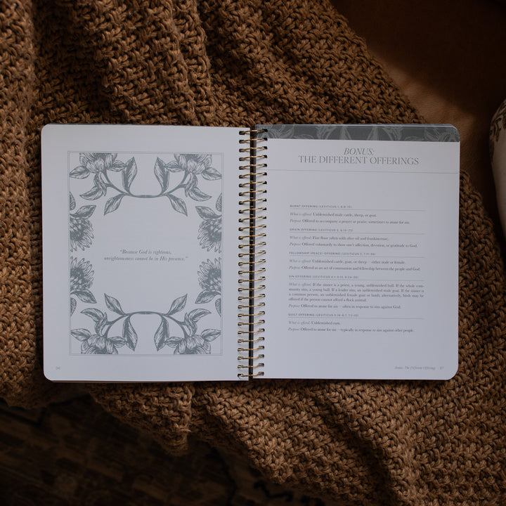 A Year in the Bible spiral opened to the Bonus Different Offerings page on a brown knitted blanket