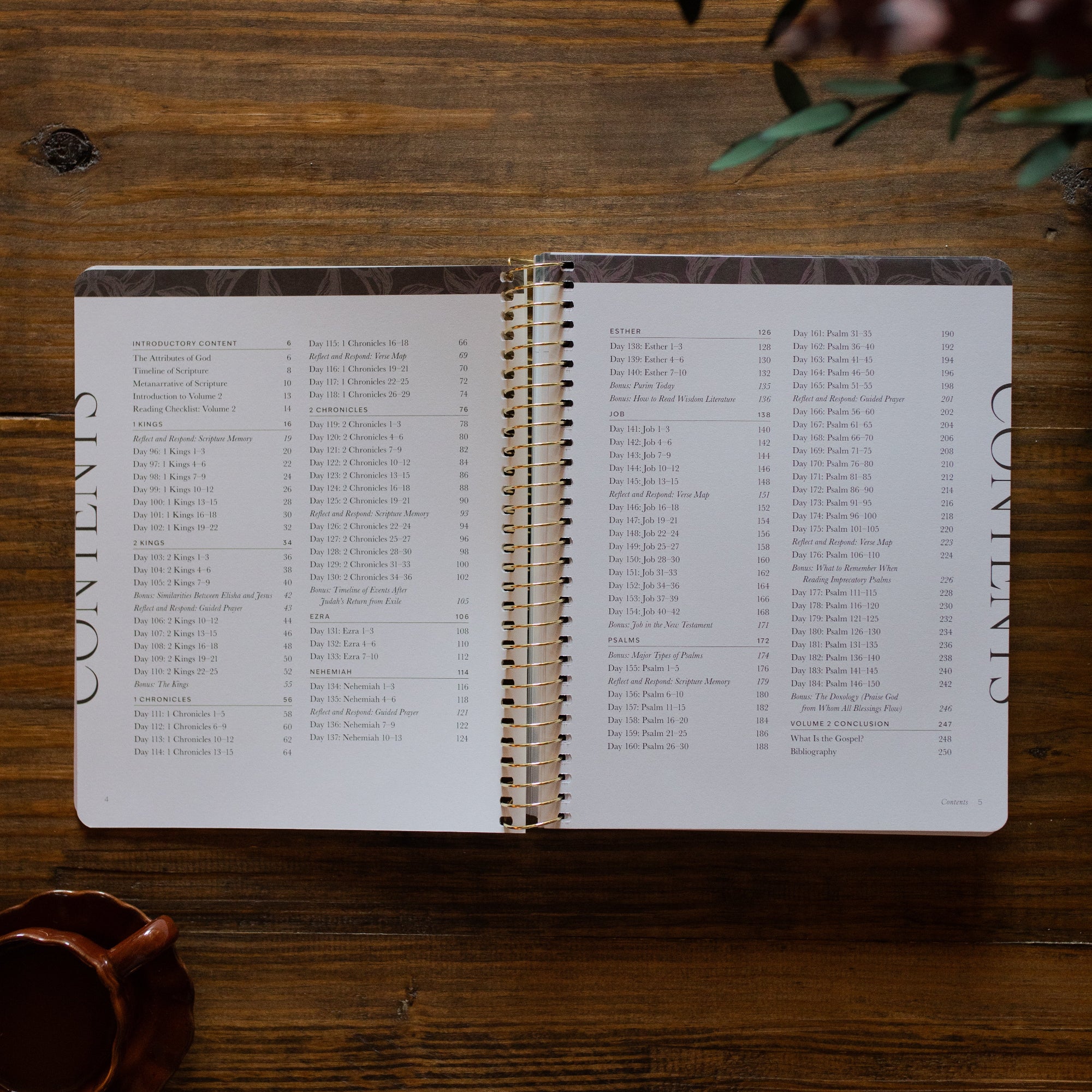 A Year in the Bible Spiral opened to the table of contents next to a brown coffee cup on a brown wooden table
