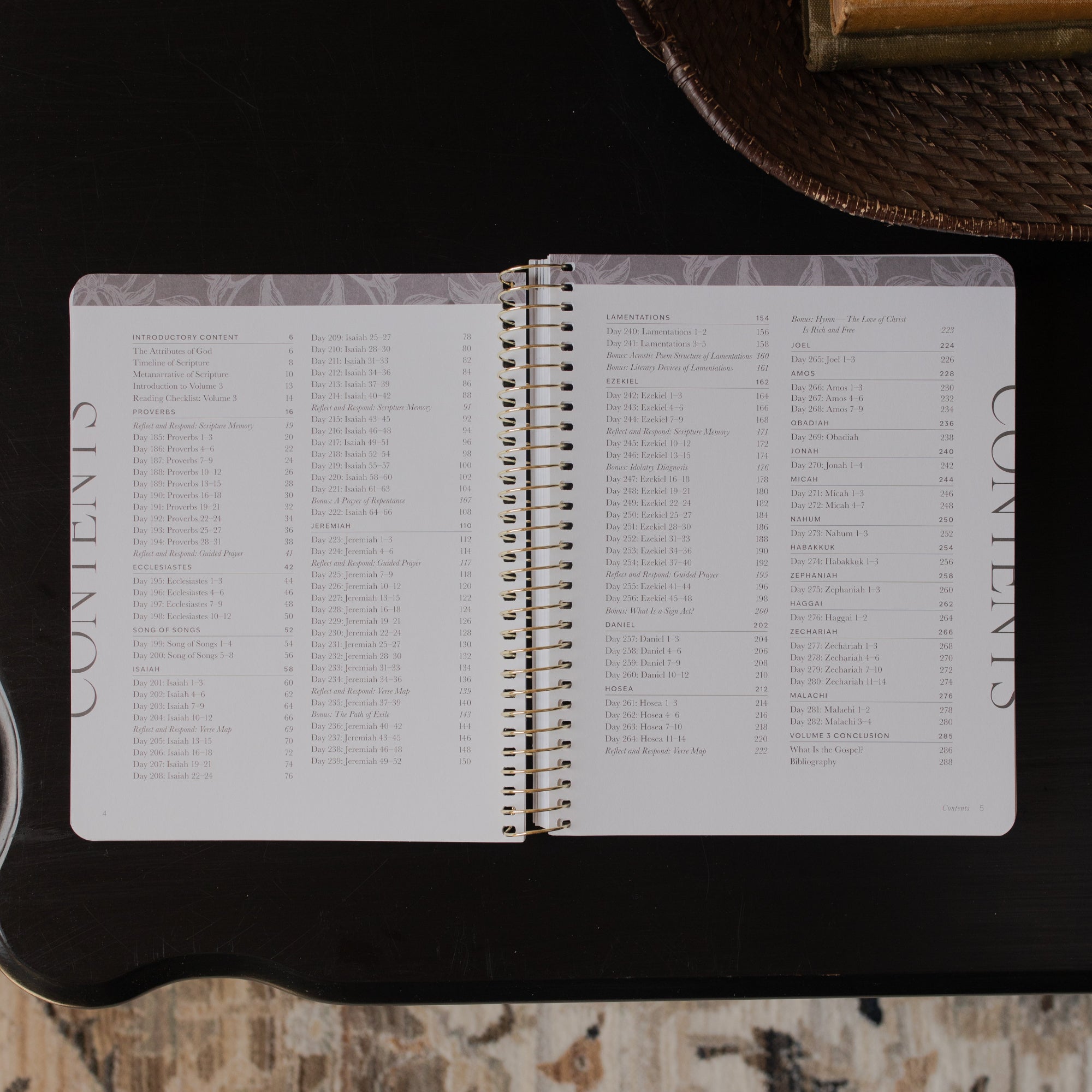 A Year in the bible Vol 3 opened to the table of contents page on a black tabletop