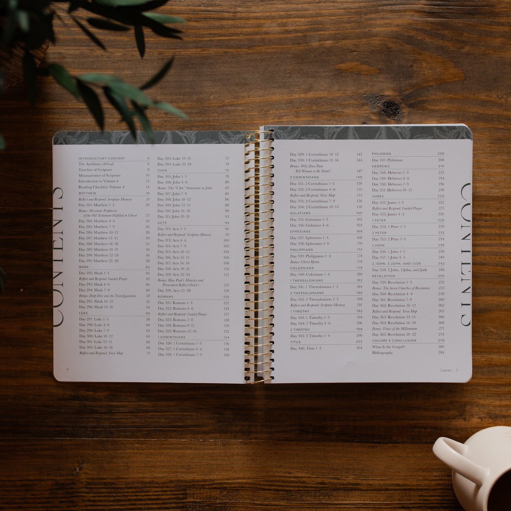 A Year in the Bible Vol 4 opened to the table of contents page on a wooden table