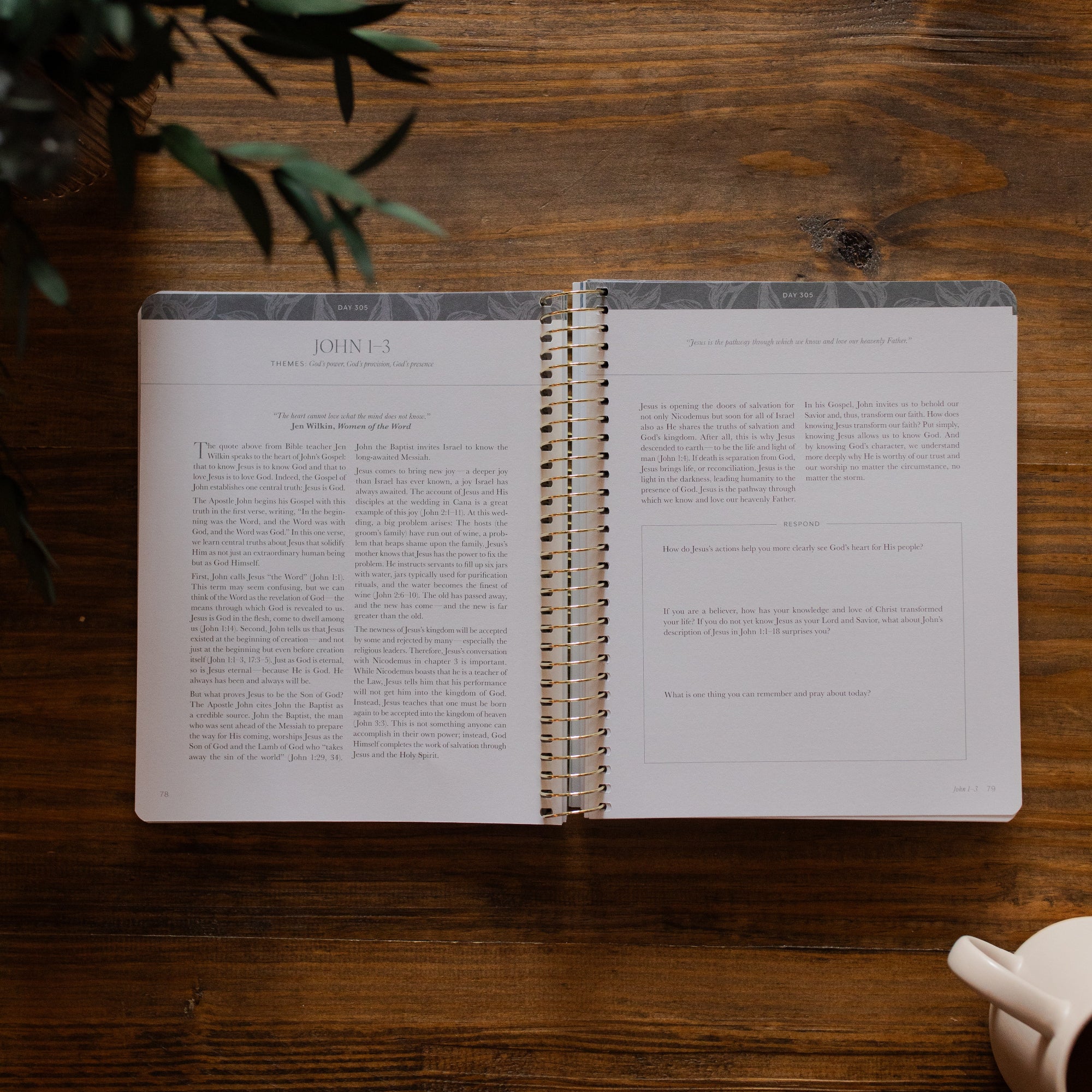 A Year in the Bible Vol 4 opened to the John reading and questions page on a wooden table