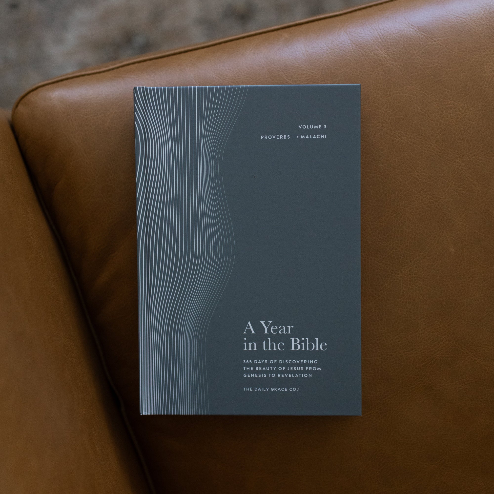 A Year in the bible Vol 3 cover on a leather couch