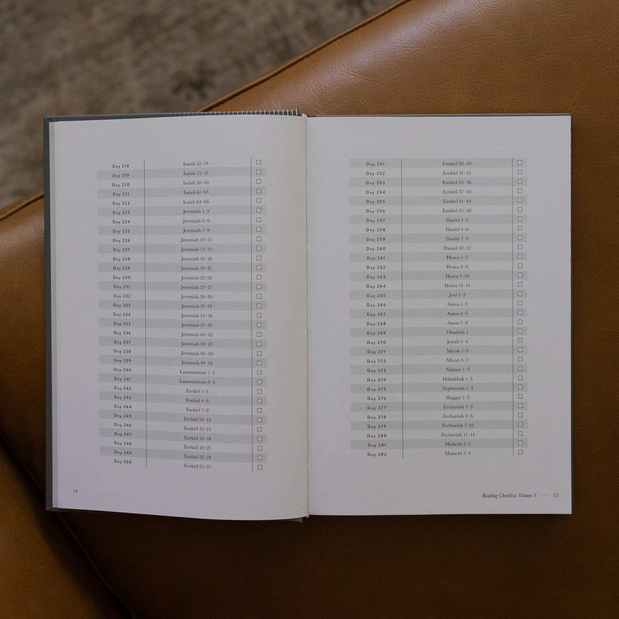 A Year in the bible Vol 3 opened to the day by day page on a leather couch
