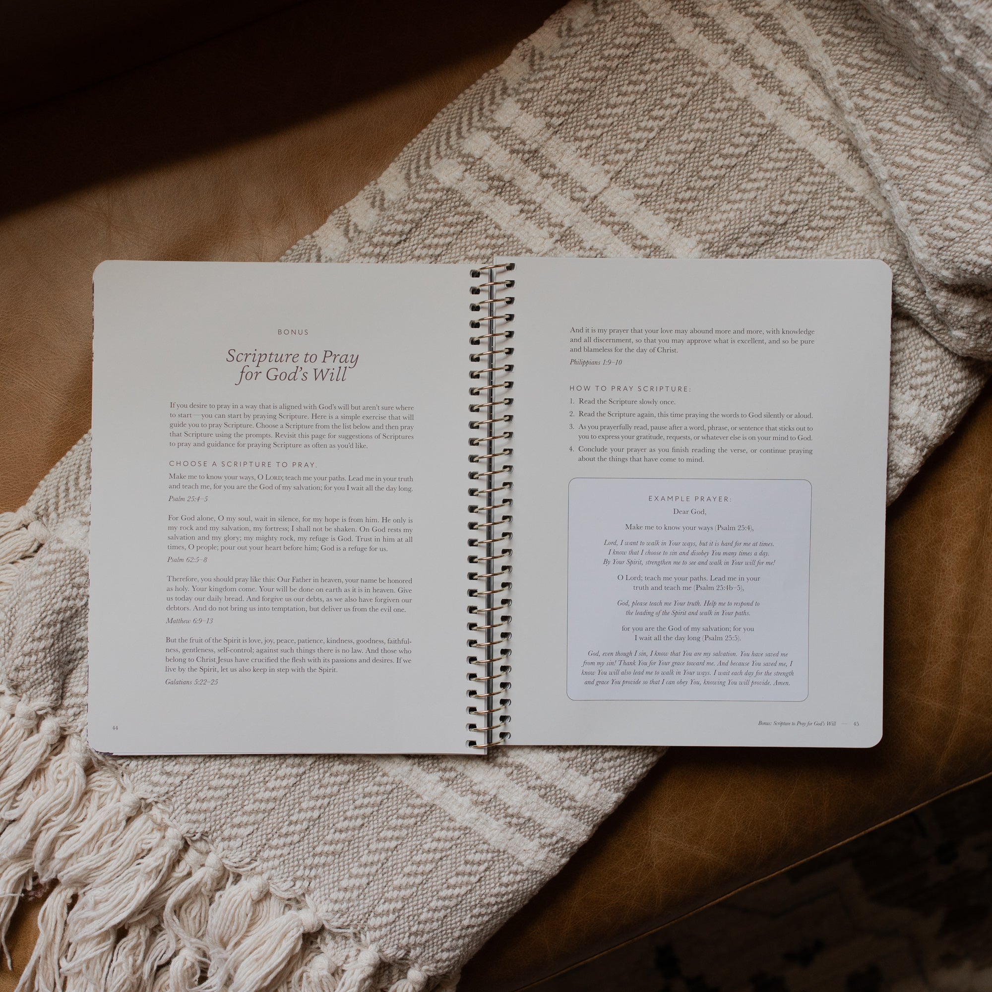 The Abide Spiral opened to the Bonus page on a cream colored blanket