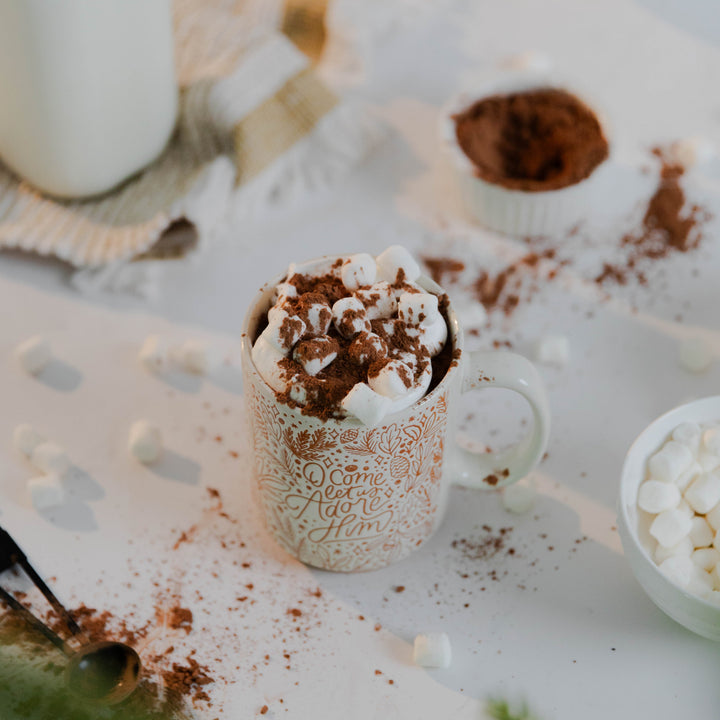 Top view of Christmas mug that says O Come Let Us Adore Him with cinnamon and marshmallows 