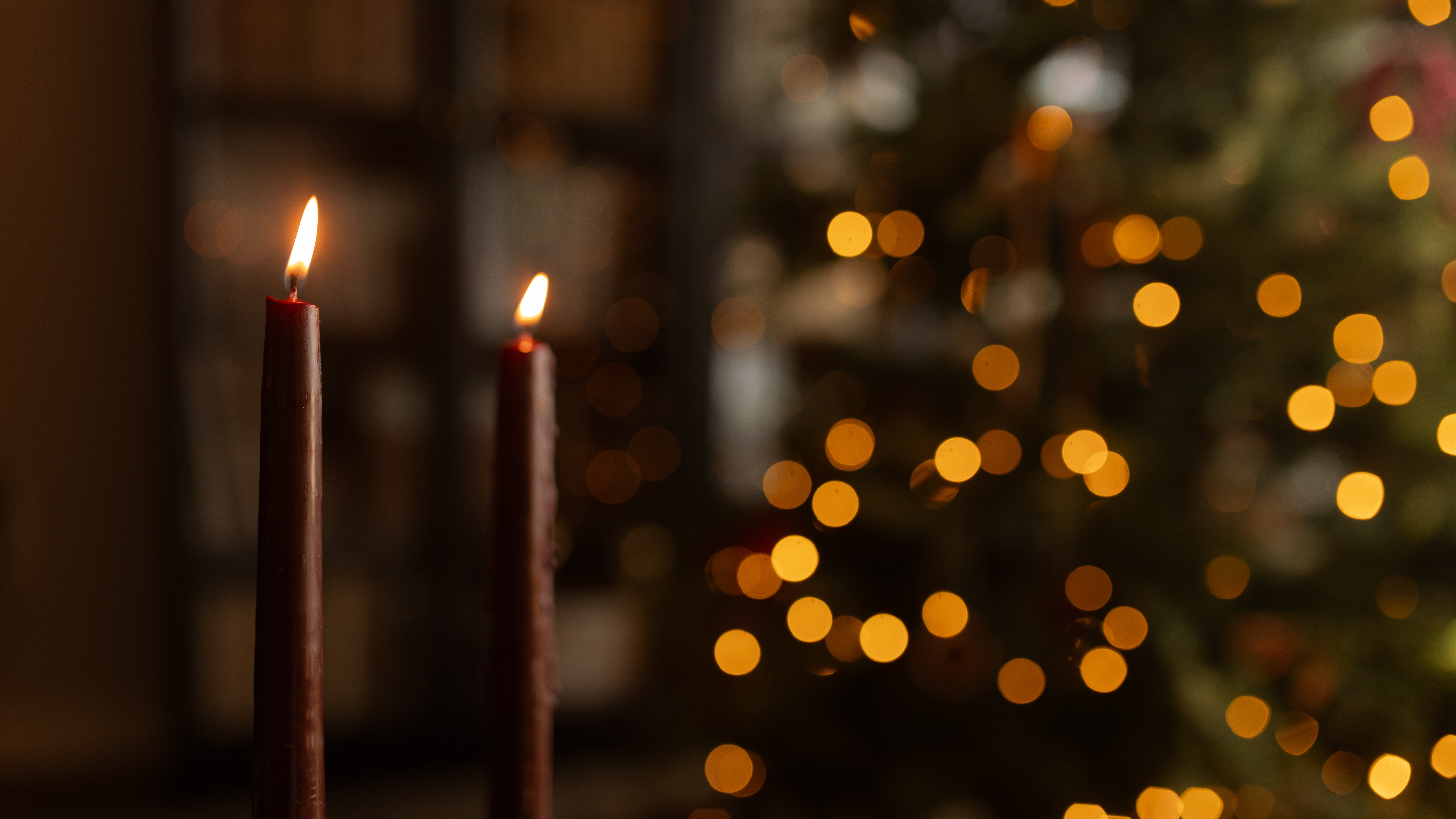 Two lit candles in front of a blurred Christmas tree with lights