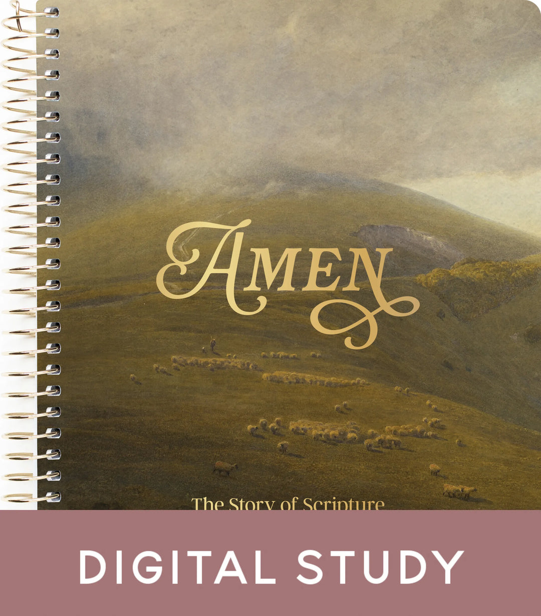 A spiral-bound book cover or digital study cover titled 'Amen' with a scenic landscape illustration of rolling hills and sheep. Smaller text reads 'The Story of Scripture,' and a mauve banner at the bottom says 'DIGITAL STUDY.