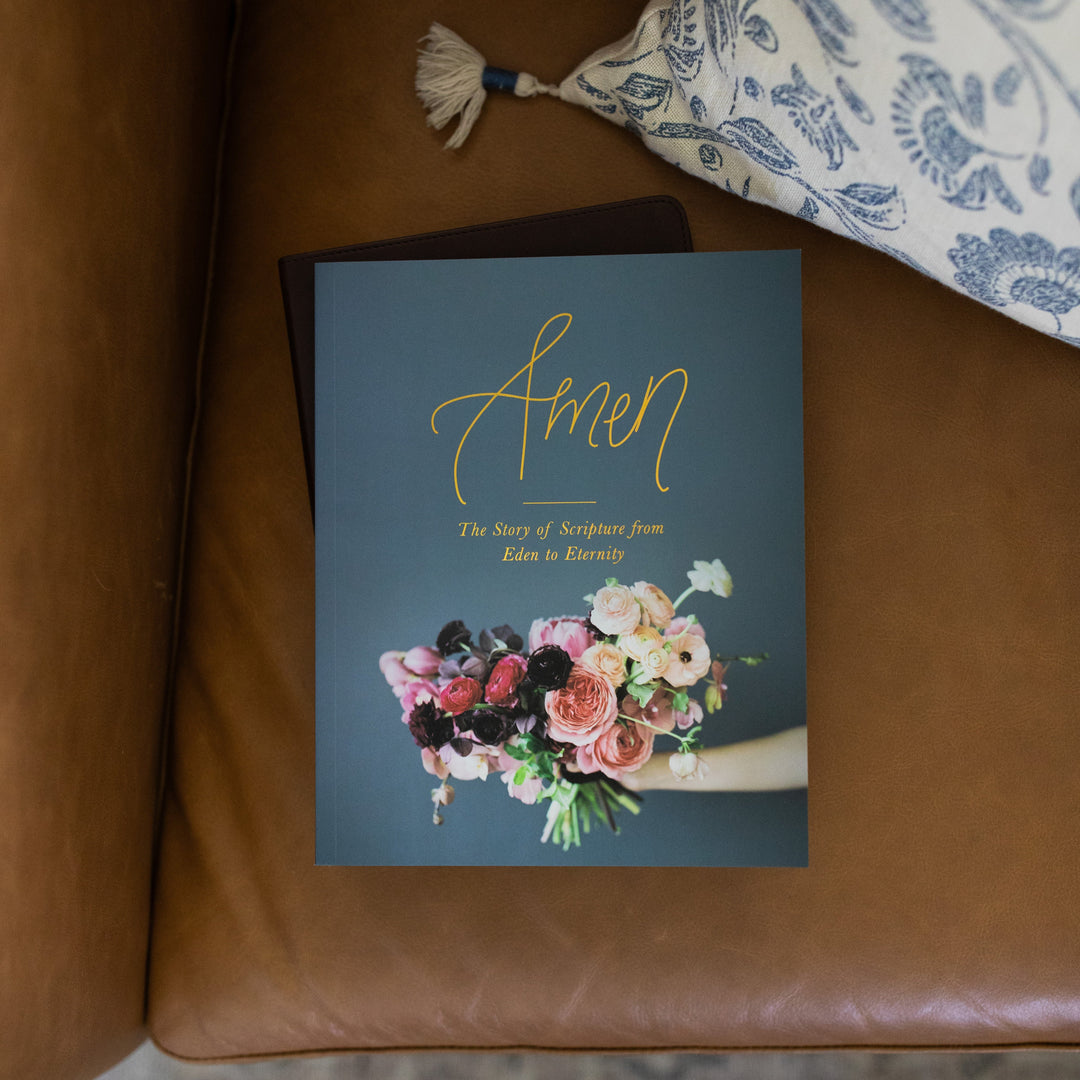 Amen from Eden to Eternity Matte Study Cover on a brown leather couch next to a white and blue decorated pillow