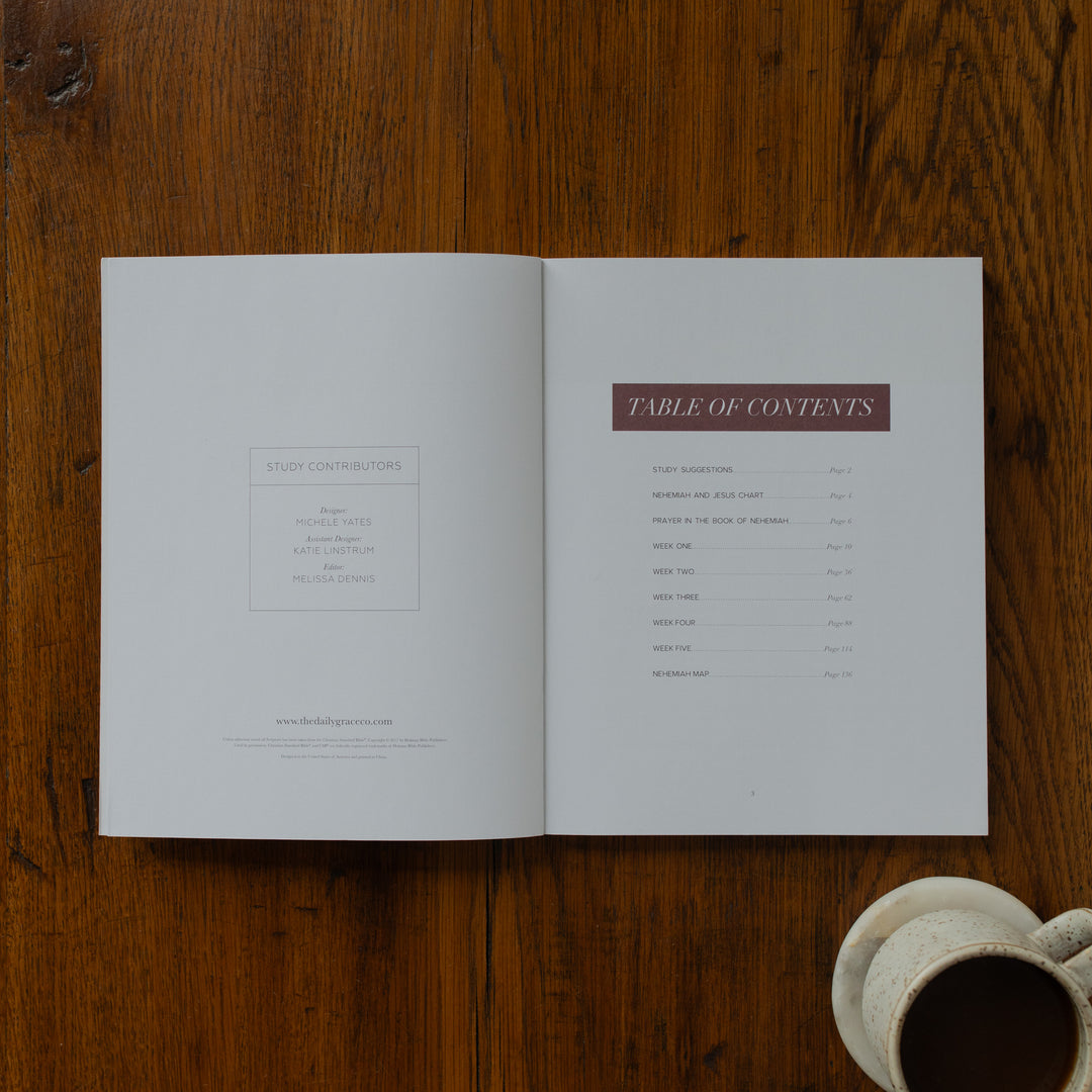 Open book with table of contents on a wooden surface