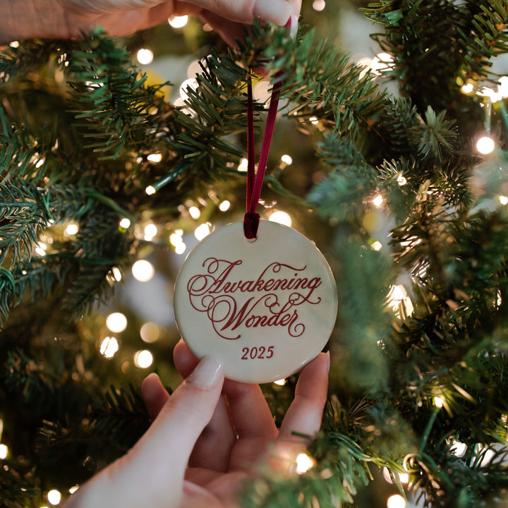 Hand holding a Christmas ornament with 'Awakening Wonder 2025' text against a decorated tree.