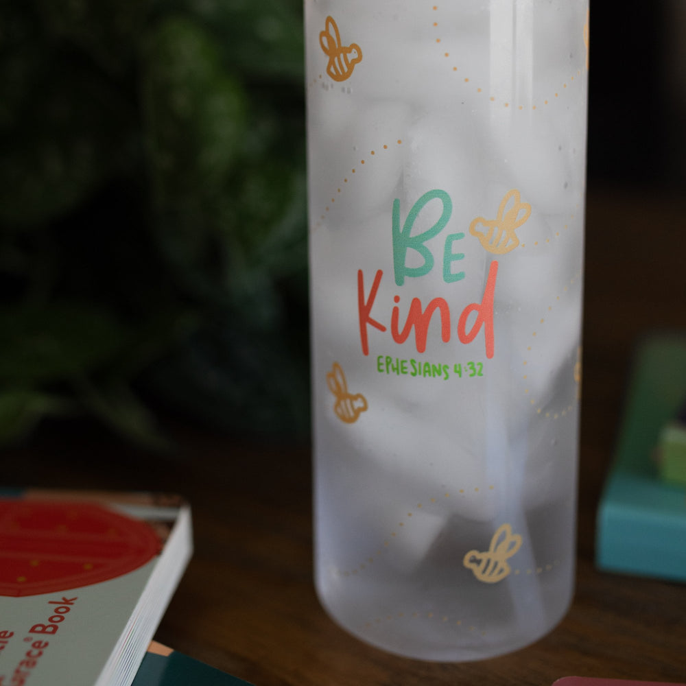 Be Kind kids water bottle close up of the words Be Kind and Ephesians 4:32