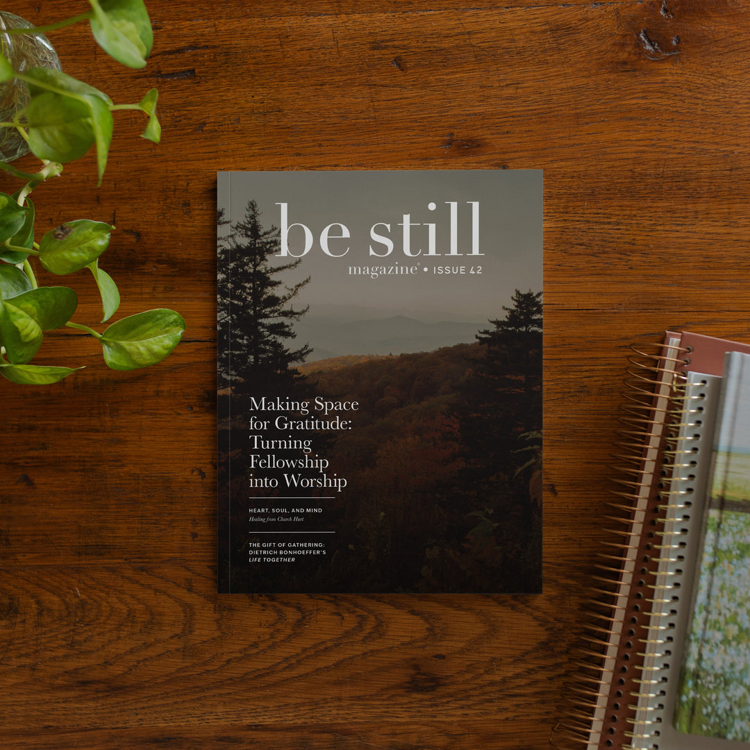 A magazine titled "be still" lies on a wooden tabletop, surrounded by a green plant on the left and the corner of a spiral notebook on the right. The cover shows a dark scenic landscape with trees and hills and readable text including the subtitle "magazine • issue 42.