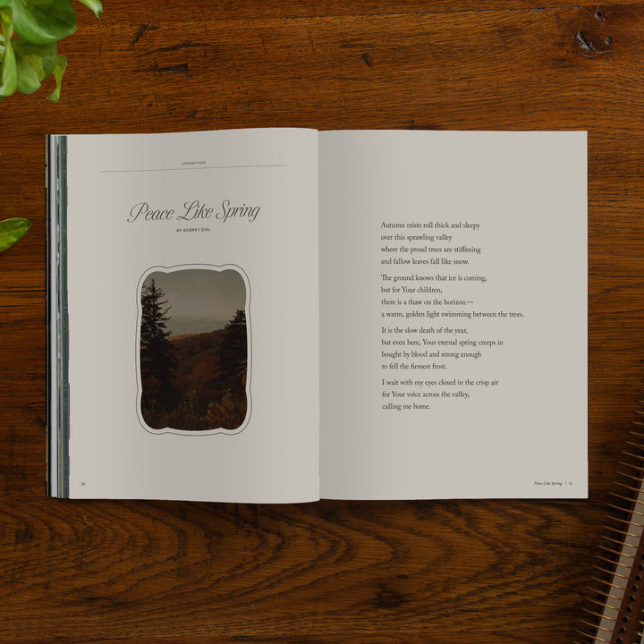 An open book laid flat on a dark wooden table, showing two printed pages with the title 'Peace Like Spring' and a small landscape illustration. A plant leaf and part of a spiral notebook are visible around it.