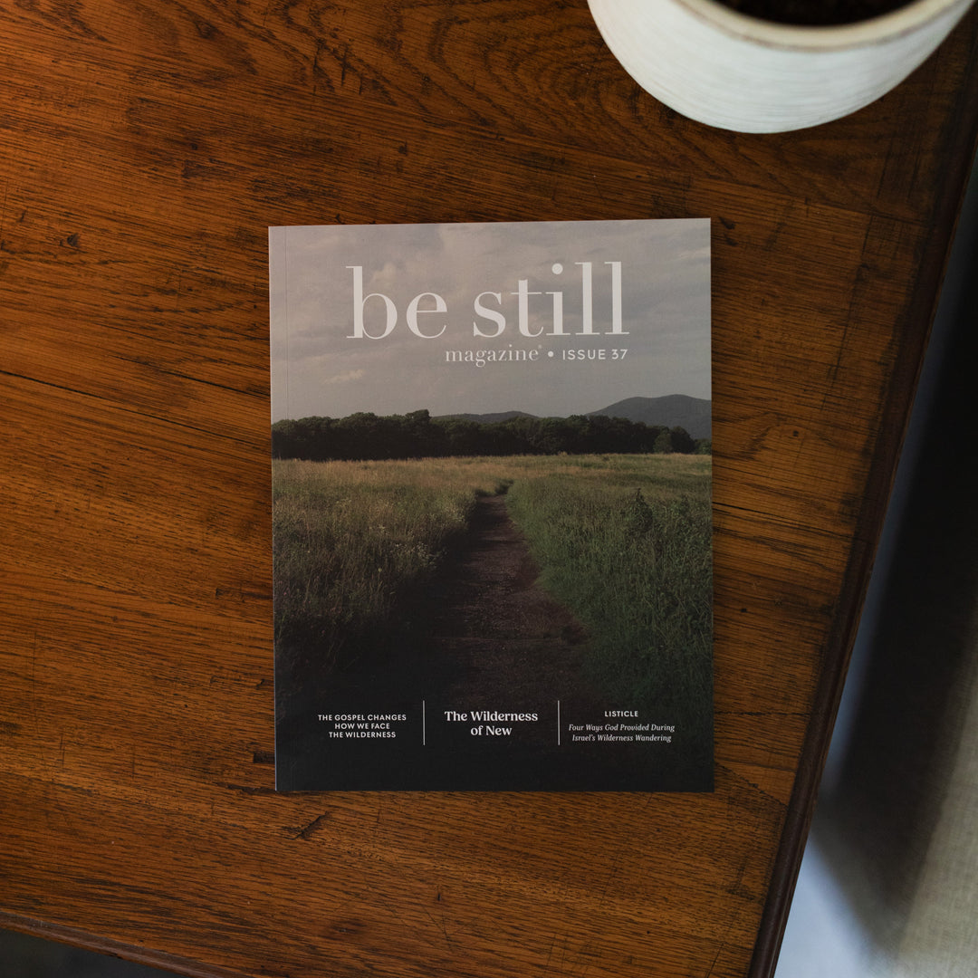 Be Still Issue 37 Magazine on a brown wooden table next to a white potted plant