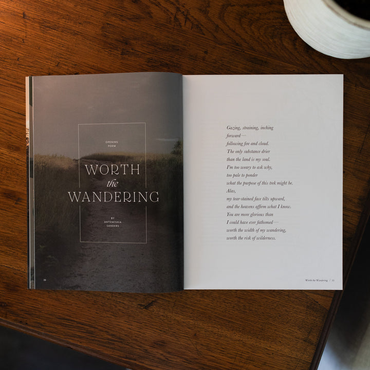 Be Still Issue 37 Magazine opened to the worth the wandering page on a brown wooden table next to a white potted plant