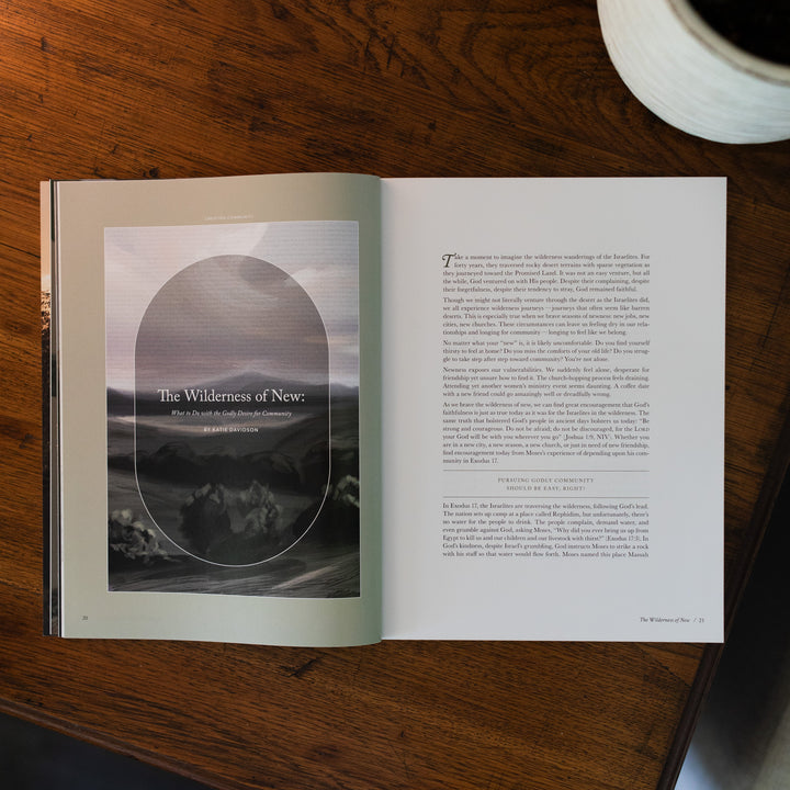 Be Still Issue 37 Magazine opened to the wilderness of new page on a brown wooden table next to a white potted plant