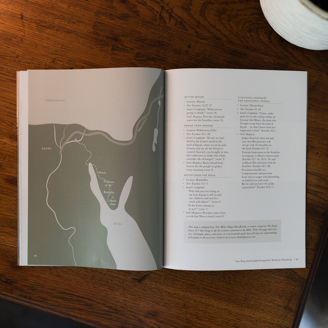 Be Still Issue 37 Magazine opened to the four ways God provided Israel's wilderness wandering page on a brown wooden table next to a white potted plant