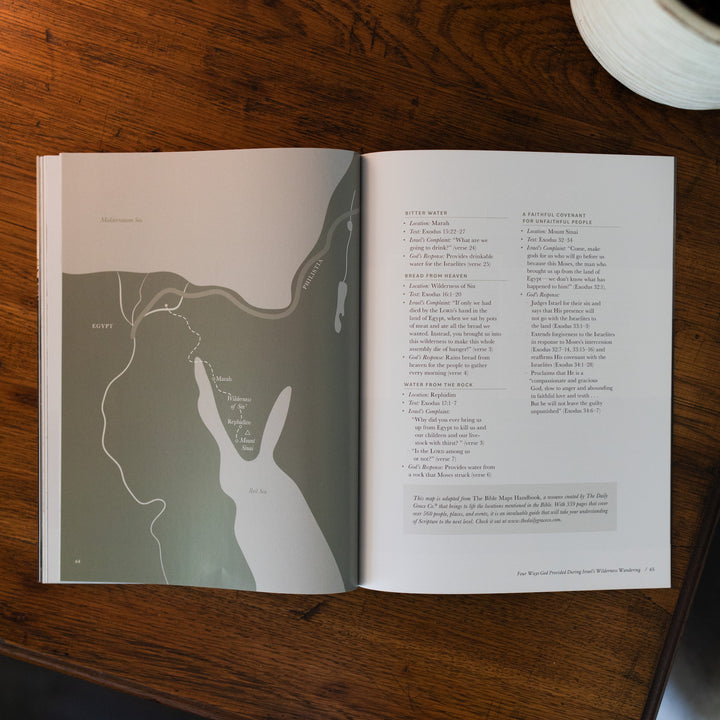 Be Still Issue 37 Magazine opened to the four ways God provided Israel's wilderness wandering page on a brown wooden table next to a white potted plant