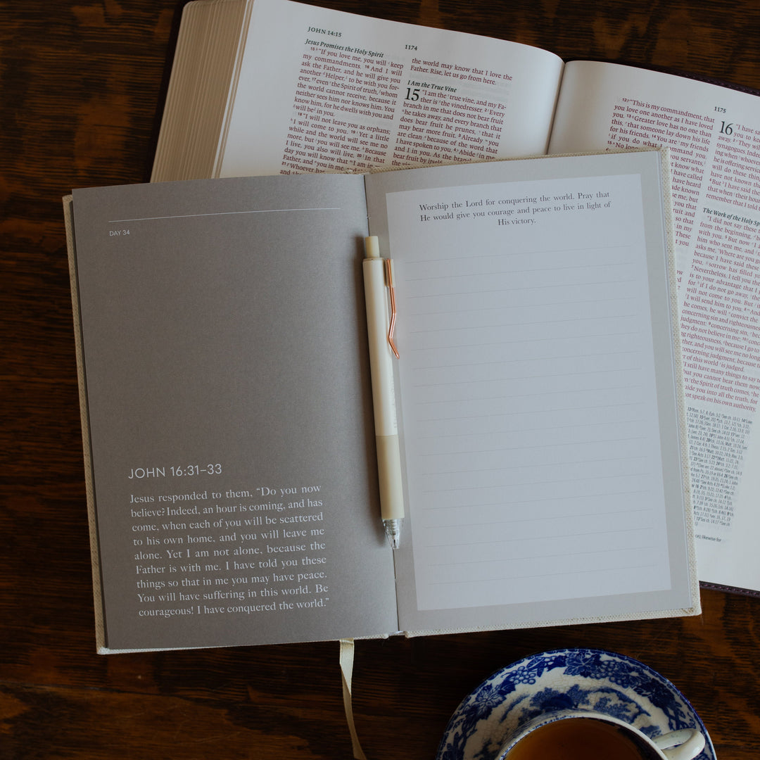 Be With Jesus Lent Prayer Journal opened to the John 16:31 prayer page on a wooden table and on a open bible next to a tea cup