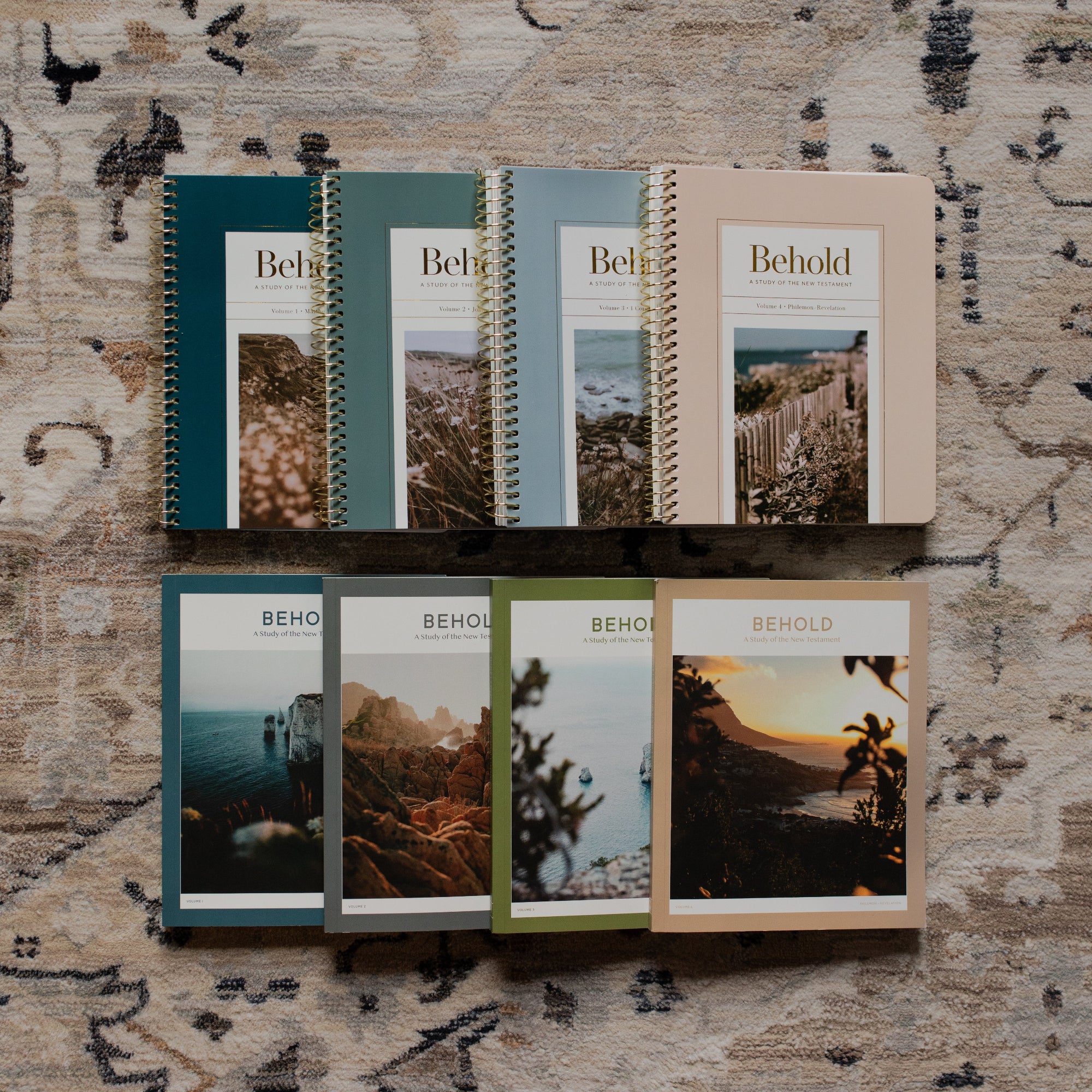 Behold Spiral study above the Behold men's version on a rug