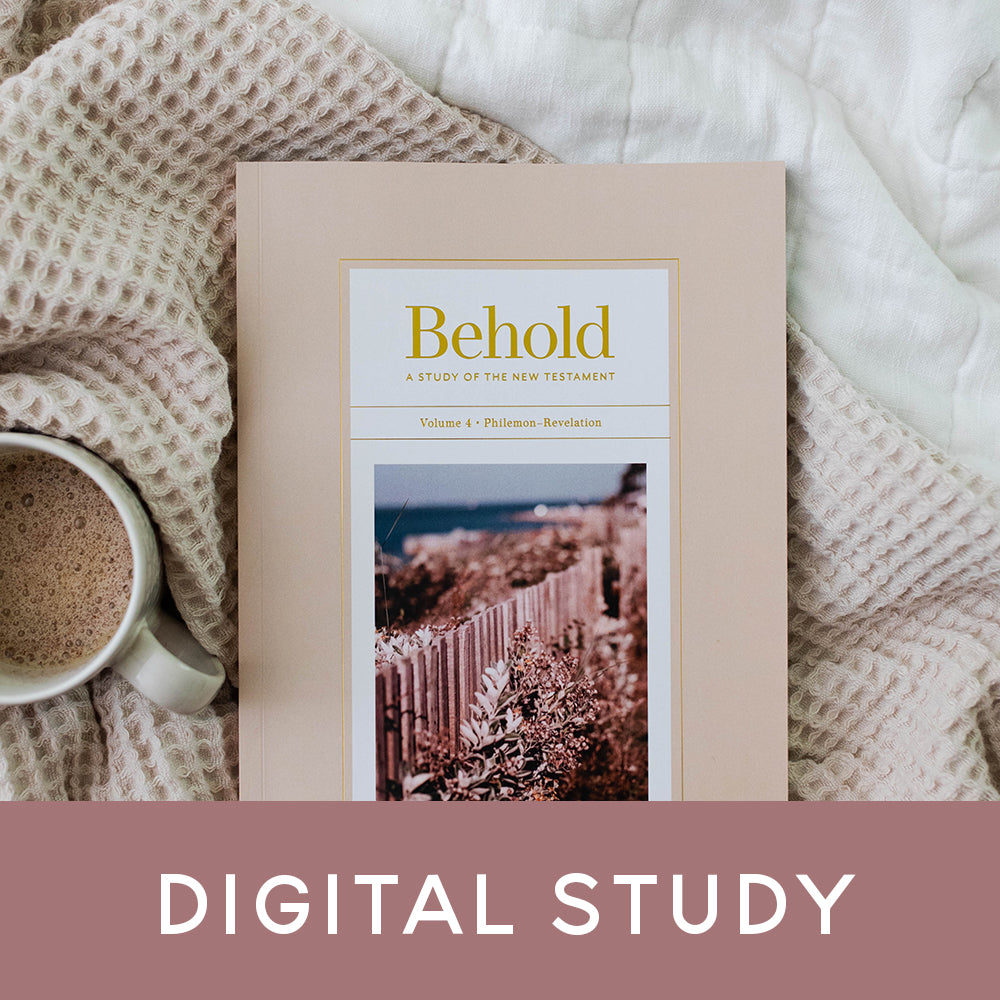 Behold Bible study lying on a bed next to a coffee mug and a Digital Studies banner on the photo.