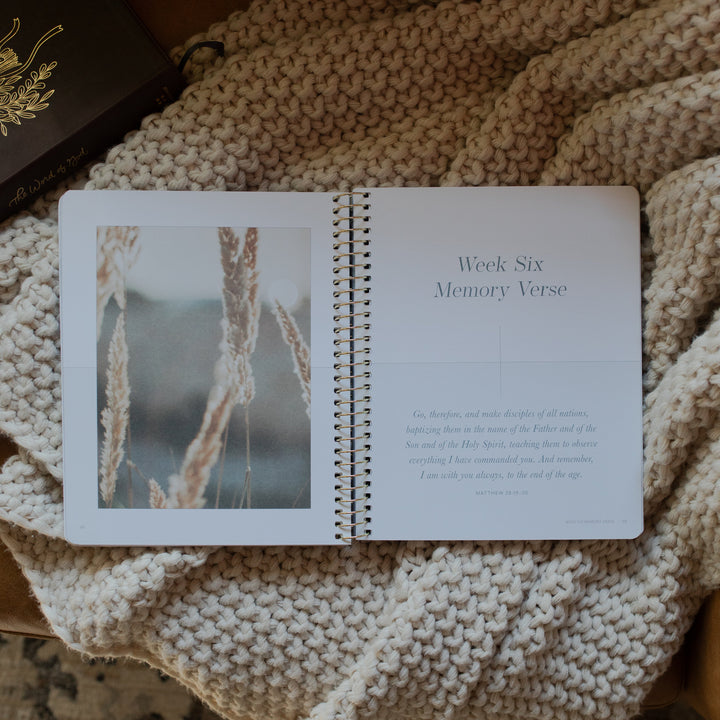 Behold Volume 1 Spiral Study opened to the week six memory verse page on a knitted blanket next to a bible