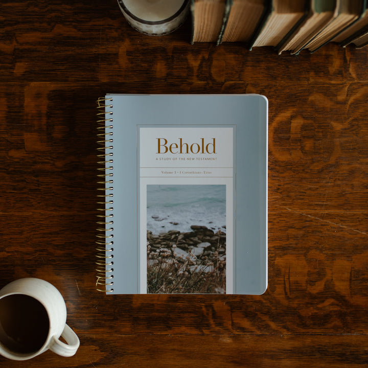 Behold Spiral cover on a wooden table next to a coffee cup and some books