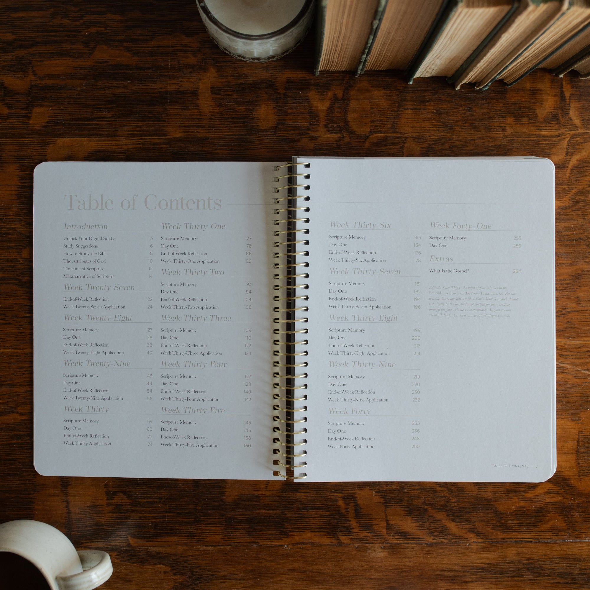 Behold Spiral opened to the table of contents page on a wooden table next to a coffee cup and some books