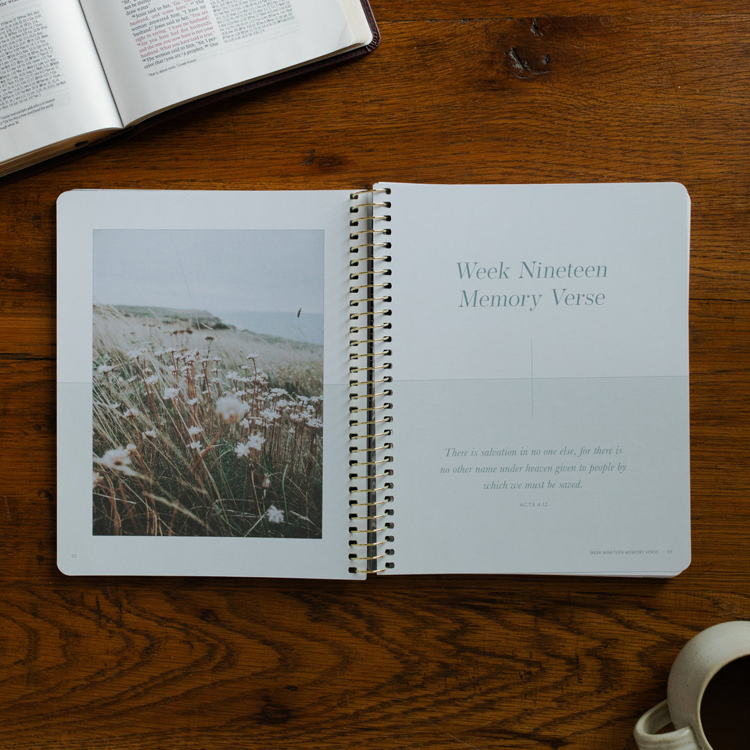 Behold Volume 3 Spiral opened to the memory verse page on a wooden table near a coffee cup and an open bible