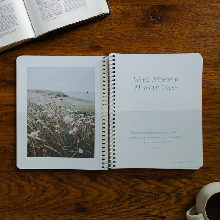 Behold Volume 3 Spiral opened to the memory verse page on a wooden table near a coffee cup and an open bible