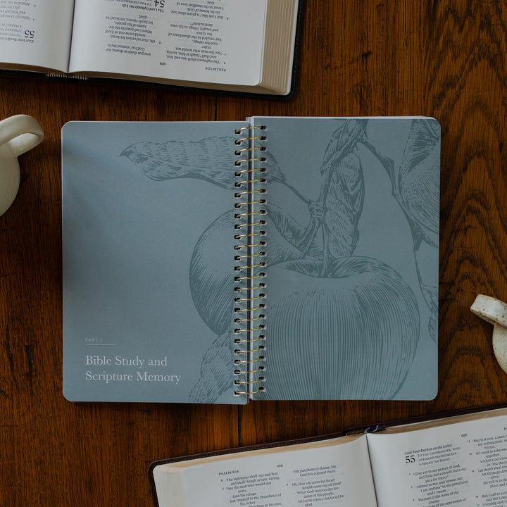 The Better Together Discipleship Guide opened to Part 3 of Bible Study and Scripture Memory page on a wooden surface