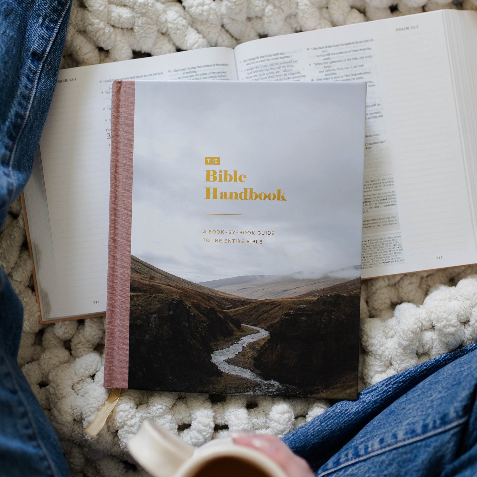 The Bible Handbook sitting on an open Bible. 