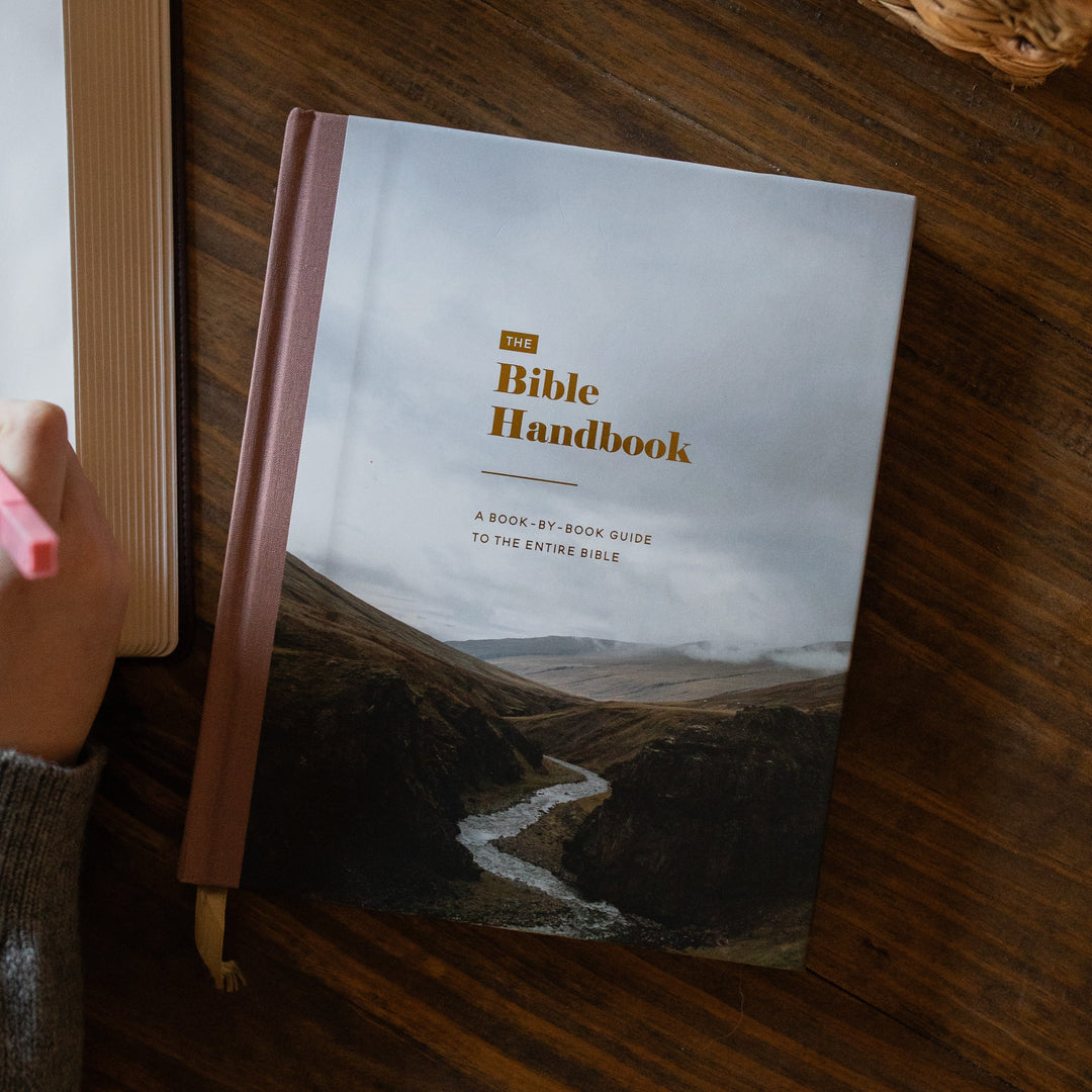 A Bible Handbook book lies on a dark wooden table next to an open Bible, with a hand holding a pink highlighter. A black mug and a woven basket are also visible in the scene.
