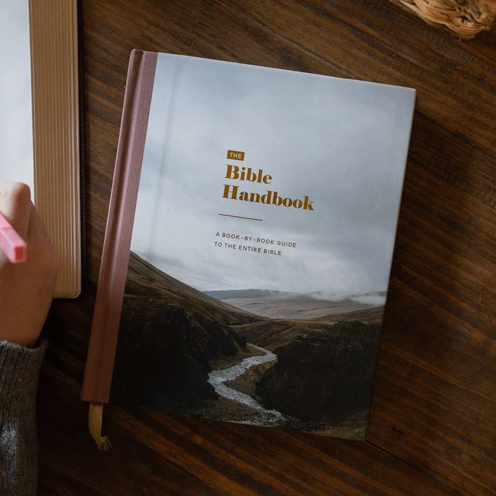 A Bible Handbook book lies on a dark wooden table next to an open Bible, with a hand holding a pink highlighter. A black mug and a woven basket are also visible in the scene.