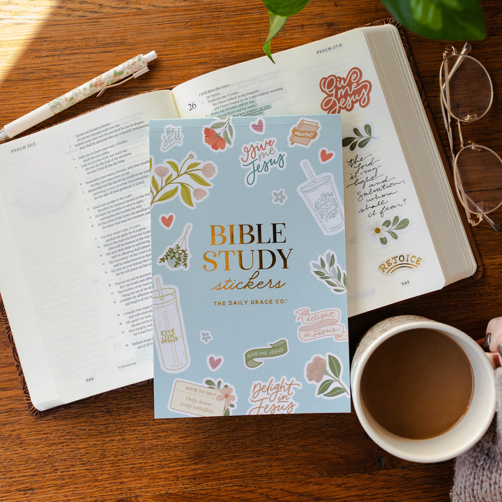 stickers in bible with pen and journaling bible