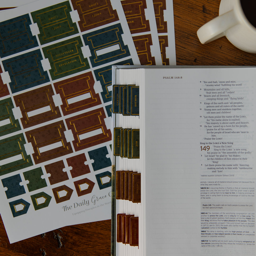 A Bible study or prayer journal shown open on a wooden table, with printed pages visible and matching printed sheet cutouts laid beside it. The book has colored page headers in blue, green, brown, and gold, and the visible title reads 'The Daily Grace Journal.