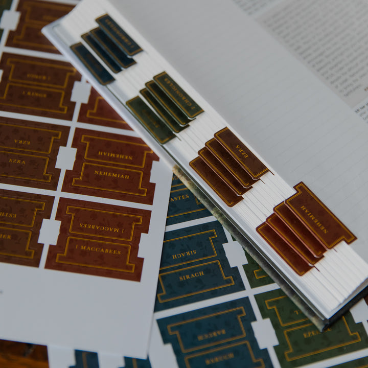 A close-up of printed Hebrew nameplates or labels arranged on sheets, with some labels placed on top of an open book. The visible labels are rectangular with gold decorative borders and text, shown in brown, dark green, and blue tones against white sheets.