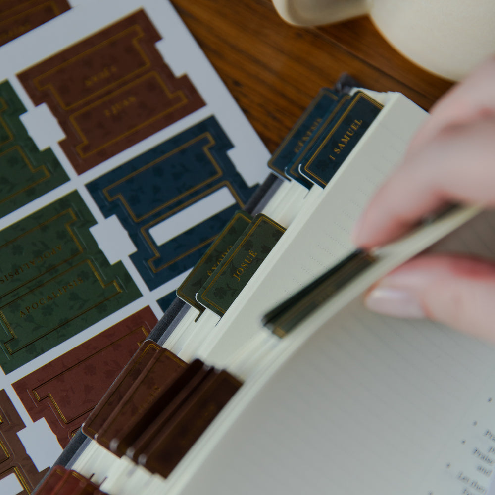 A close-up of a hand organizing printed index cards or a book divider set into a notebook, with matching printed card sheets visible on a wooden table.