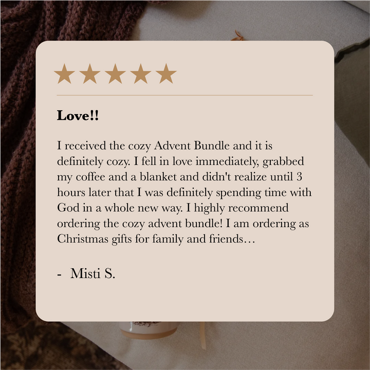 A customer review card with a five-star rating and a warm testimonial from 'Misti S.' over a cozy background of a knitted sweater and a coffee mug.