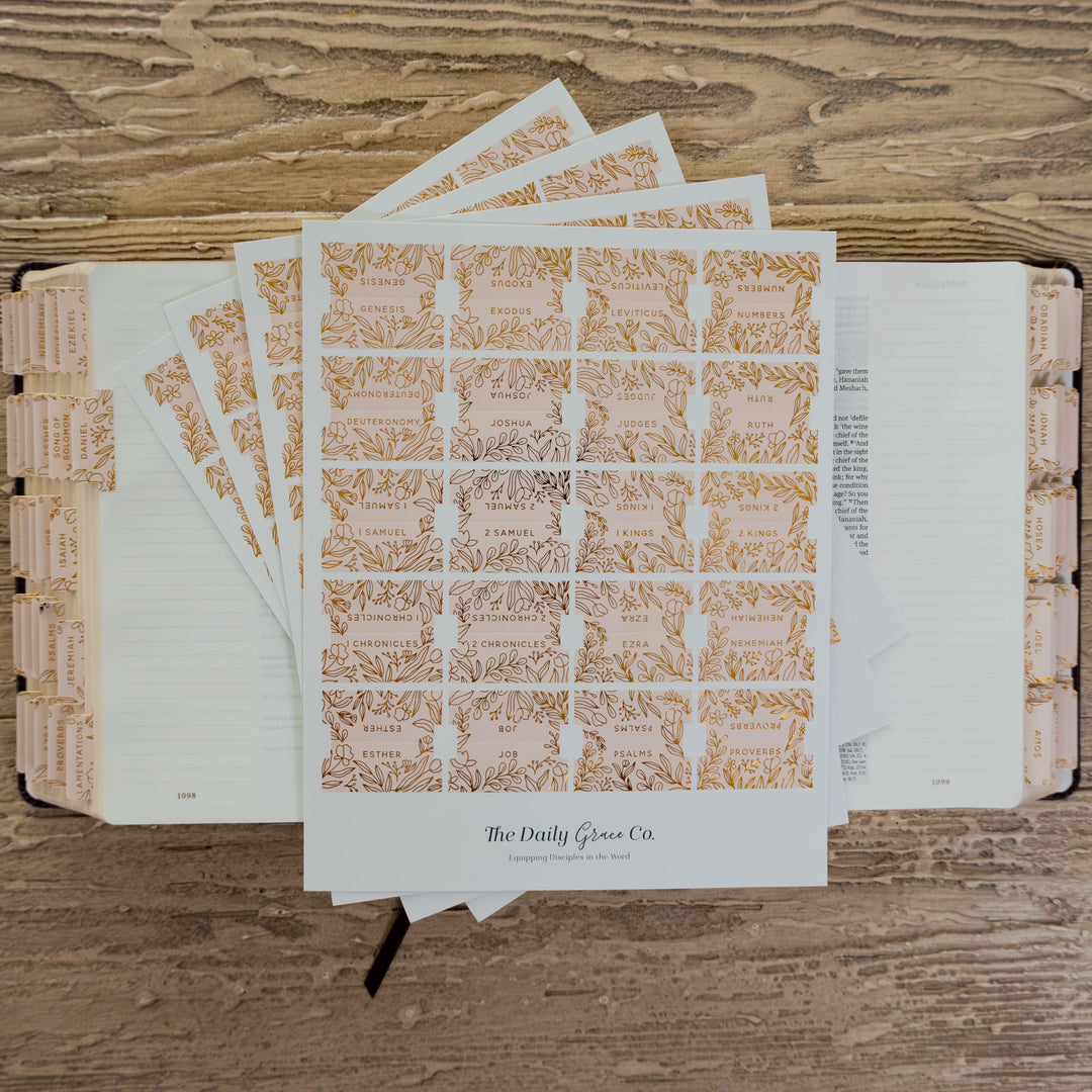 Bible Tabs spread over a bible on a wooden background