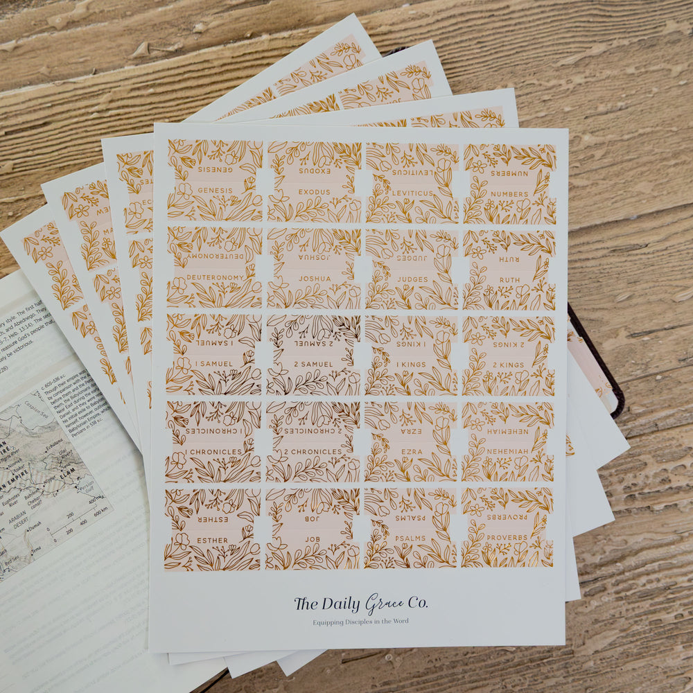 Up close of multiple bible tabs on a bible on a wooden background