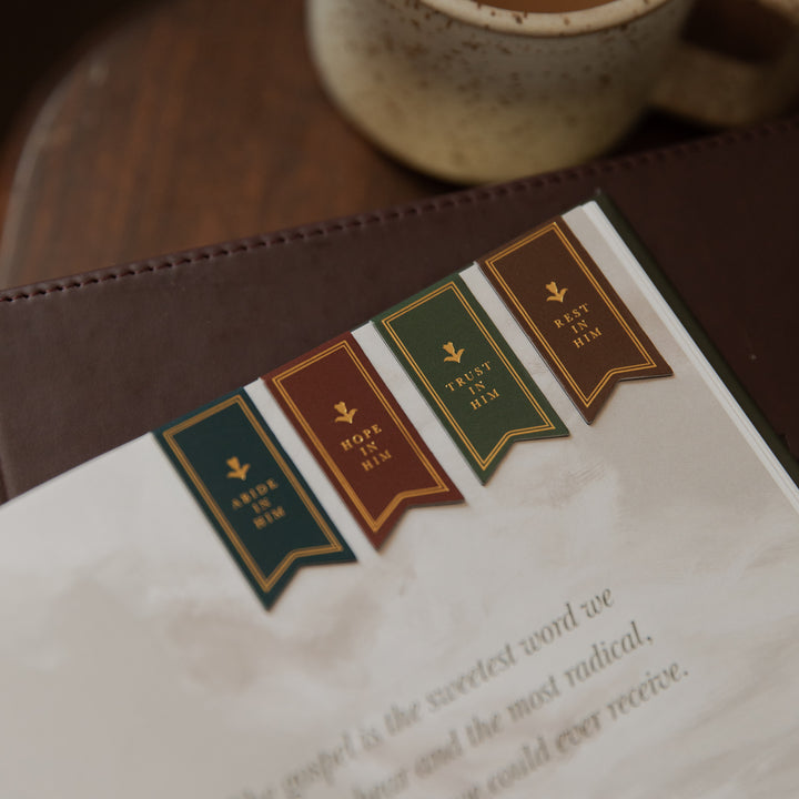Up close of Four Magnetic Bookmarks on the corner of a page