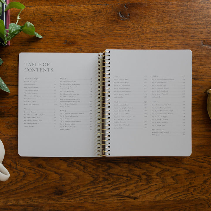 Clinging to the Cross Spiral study opened to the table of contents page on a wooden table